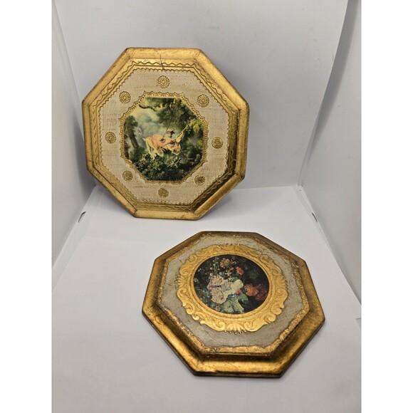Vintage Italian Antiqued Florentine Plaques Paintings Set of 2 Hexagon Shaped - Picture 1 of 9